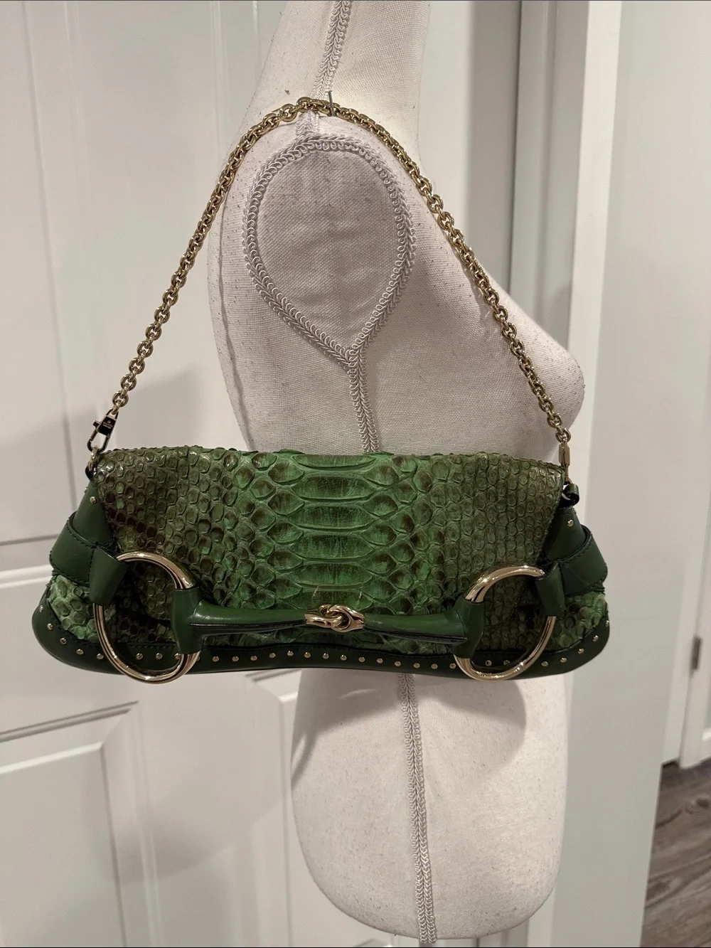 Tom Ford for Gucci 2004 Green Python Horsebit Chain Clutch Shoulder Bag Rare